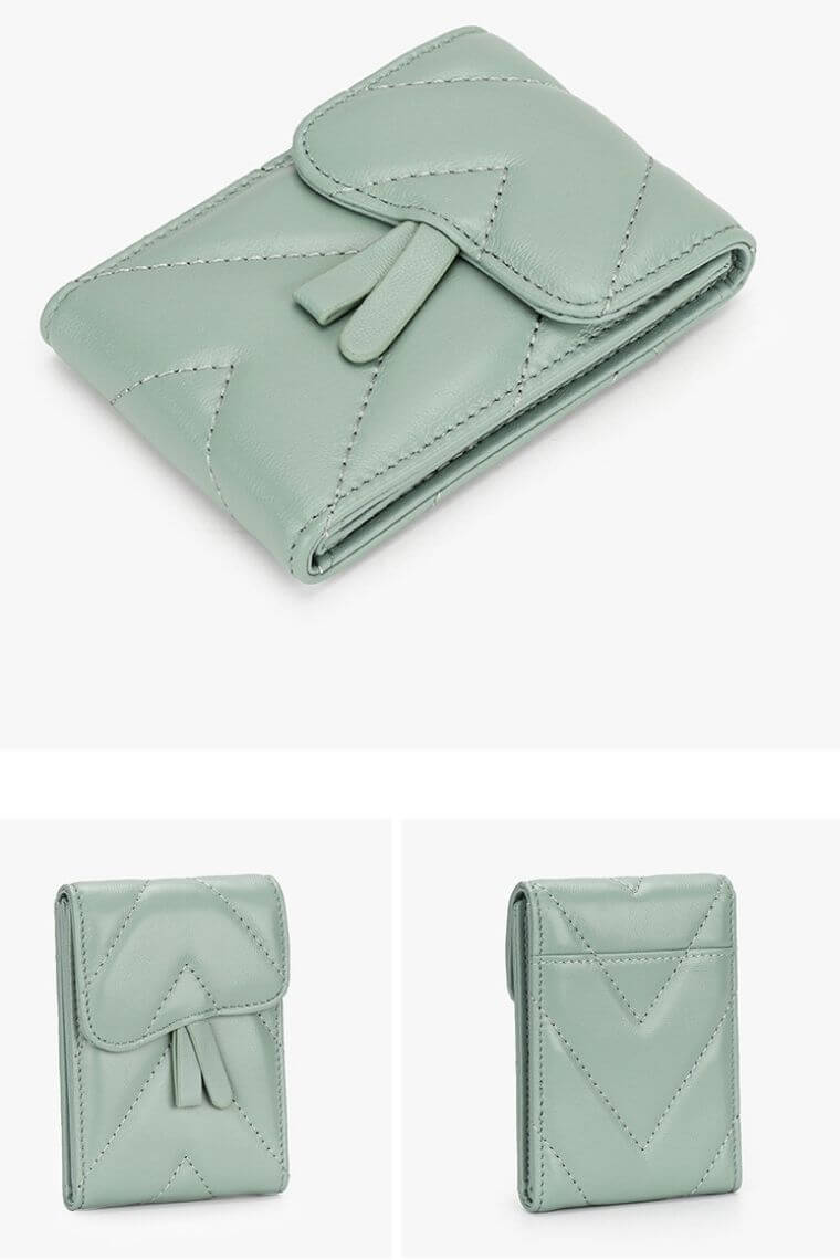 green card holder in quilted leather | business card holder with flap | leather cardholder wallet with press stud